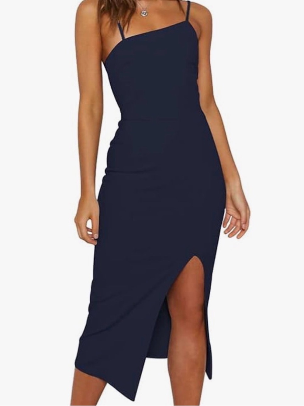 Women's Navy Blue Slip Midi Dress with Side Slit